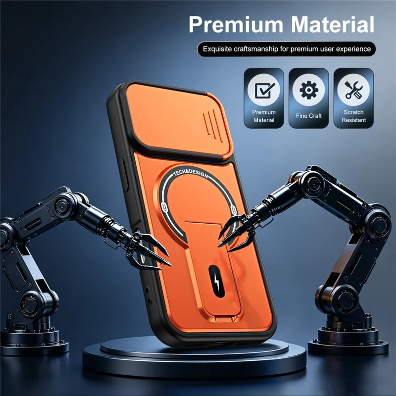 Telefoonhoesje voor iPhone 16 met schuifbare camerabehuizing, standaard, stootvaste PC + TPU matte afwerking - Oranje