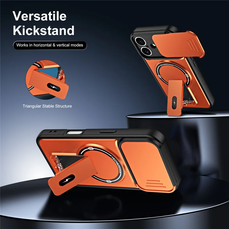 Telefoonhoesje voor iPhone 16 met schuifbare camerabehuizing, standaard, stootvaste PC + TPU matte afwerking - Oranje