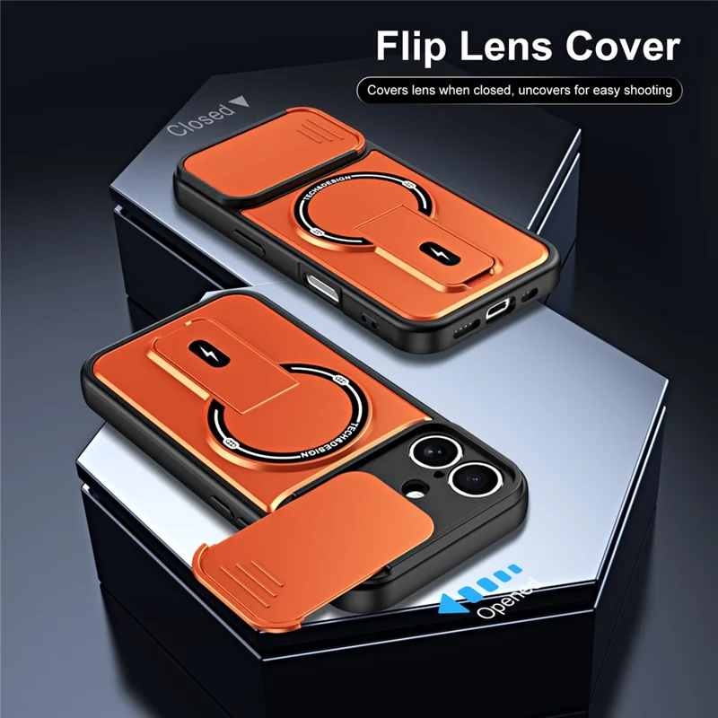 Telefoonhoesje voor iPhone 16 met schuifbare camerabehuizing, standaard, stootvaste PC + TPU matte afwerking - Oranje
