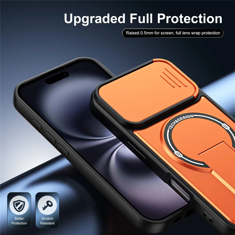 Telefoonhoesje voor iPhone 16 met schuifbare camerabehuizing, standaard, stootvaste PC + TPU matte afwerking - Oranje
