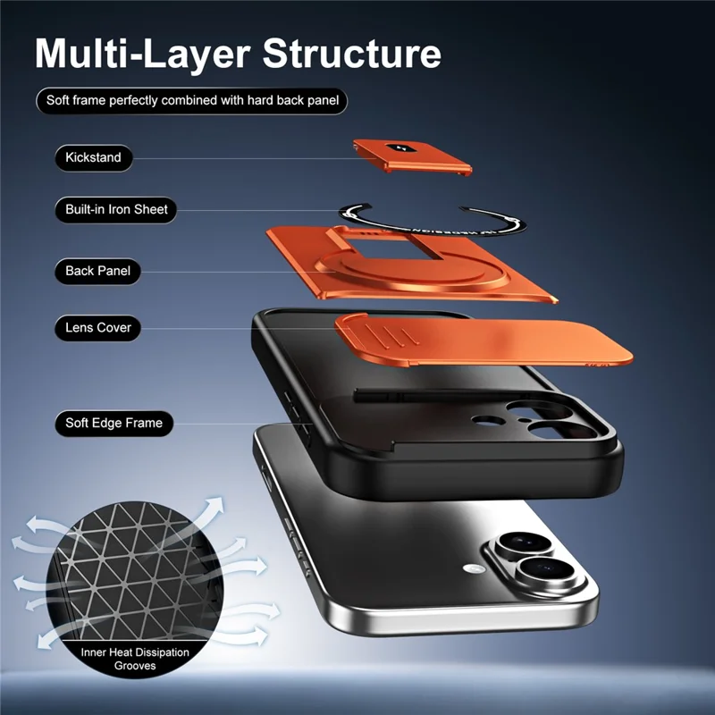 Telefoonhoesje voor iPhone 16 met schuifbare camerabehuizing, standaard, stootvaste PC + TPU matte afwerking - Oranje