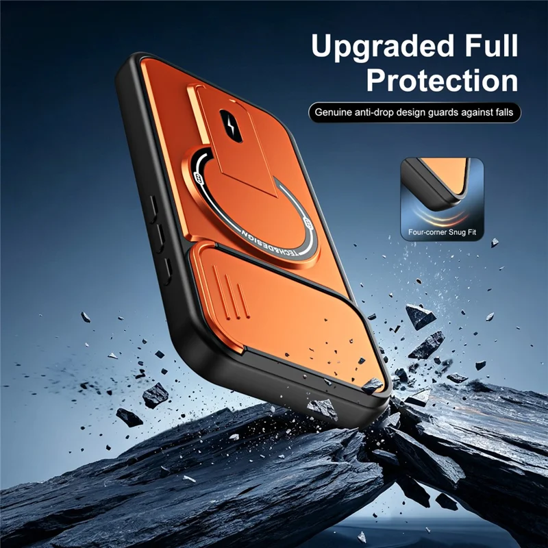 Telefoonhoesje voor iPhone 16 met schuifbare camerabehuizing, standaard, stootvaste PC + TPU matte afwerking - Oranje