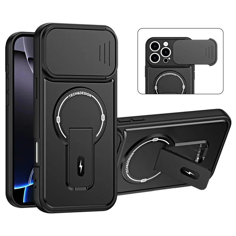 For iPhone 16 Pro Max Case with Slide Camera Cover Kickstand Shockproof PC + TPU Matte Finish Phone Shell - Black