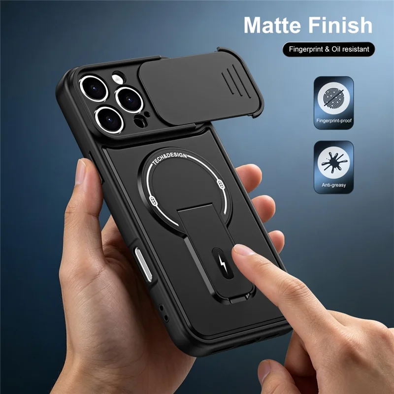 For iPhone 16 Pro Max Case with Slide Camera Cover Kickstand Shockproof PC + TPU Matte Finish Phone Shell - Black