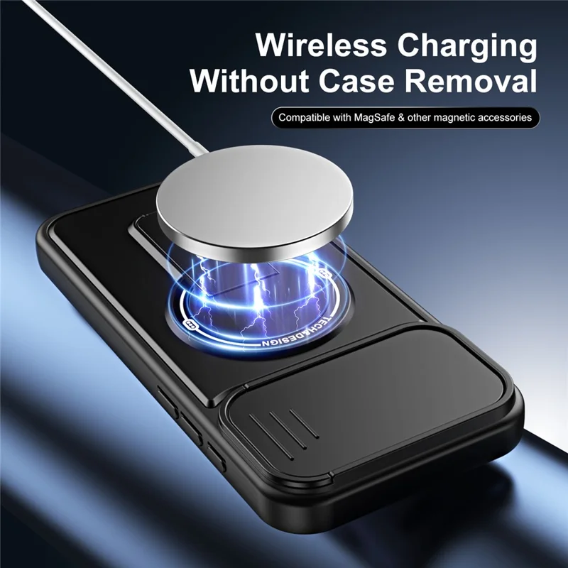 For iPhone 16 Pro Max Case with Slide Camera Cover Kickstand Shockproof PC + TPU Matte Finish Phone Shell - Black