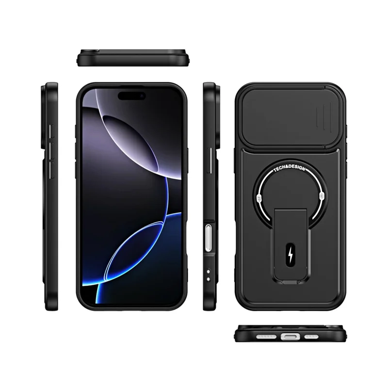 For iPhone 16 Pro Max Case with Slide Camera Cover Kickstand Shockproof PC + TPU Matte Finish Phone Shell - Black