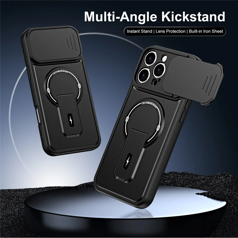 For iPhone 16 Pro Max Case with Slide Camera Cover Kickstand Shockproof PC + TPU Matte Finish Phone Shell - Black
