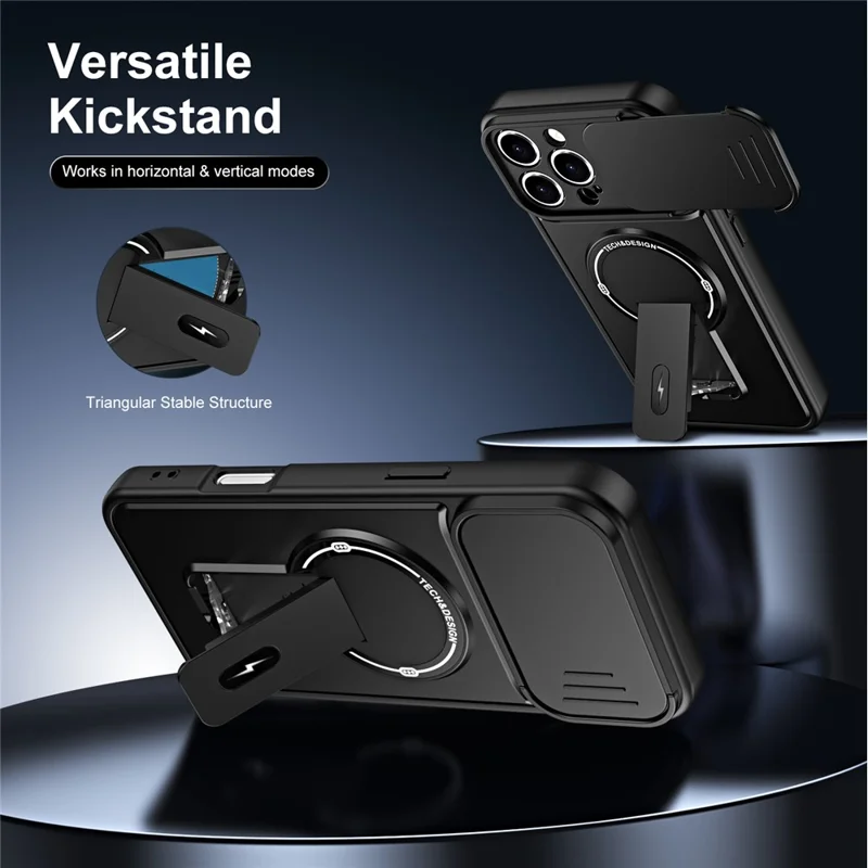 For iPhone 16 Pro Max Case with Slide Camera Cover Kickstand Shockproof PC + TPU Matte Finish Phone Shell - Black