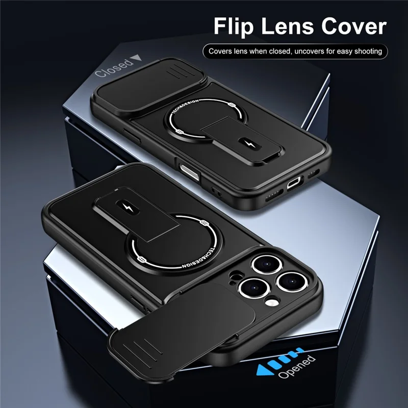 For iPhone 16 Pro Max Case with Slide Camera Cover Kickstand Shockproof PC + TPU Matte Finish Phone Shell - Black