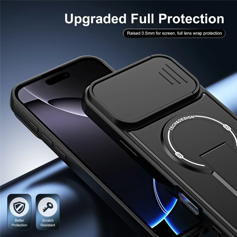 For iPhone 16 Pro Max Case with Slide Camera Cover Kickstand Shockproof PC + TPU Matte Finish Phone Shell - Black