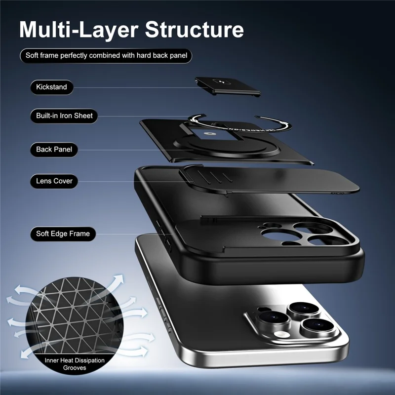 For iPhone 16 Pro Max Case with Slide Camera Cover Kickstand Shockproof PC + TPU Matte Finish Phone Shell - Black