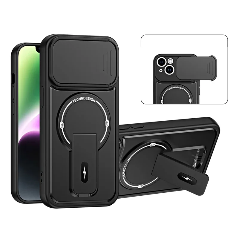 Telefoonhoesje voor iPhone 15 met schuifbare cameralens, standaard, schokbestendig, PC + TPU, mat afwerking - Zwart