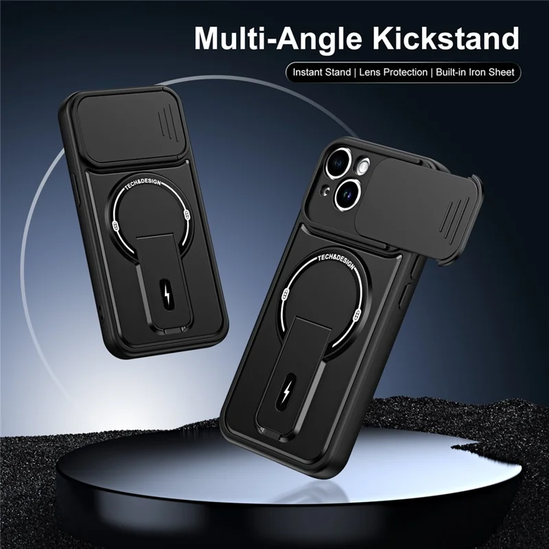 Telefoonhoesje voor iPhone 15 met schuifbare cameralens, standaard, schokbestendig, PC + TPU, mat afwerking - Zwart
