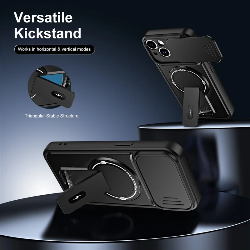 Telefoonhoesje voor iPhone 15 met schuifbare cameralens, standaard, schokbestendig, PC + TPU, mat afwerking - Zwart
