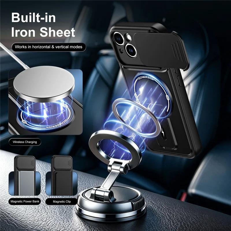 Telefoonhoesje voor iPhone 15 met schuifbare cameralens, standaard, schokbestendig, PC + TPU, mat afwerking - Zwart