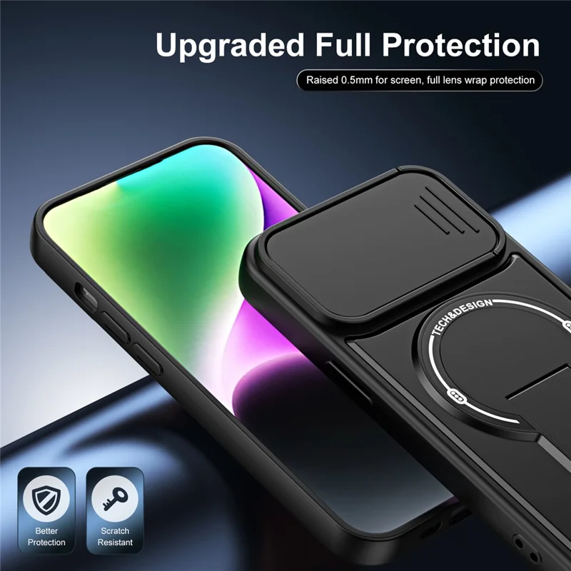 Telefoonhoesje voor iPhone 15 met schuifbare cameralens, standaard, schokbestendig, PC + TPU, mat afwerking - Zwart