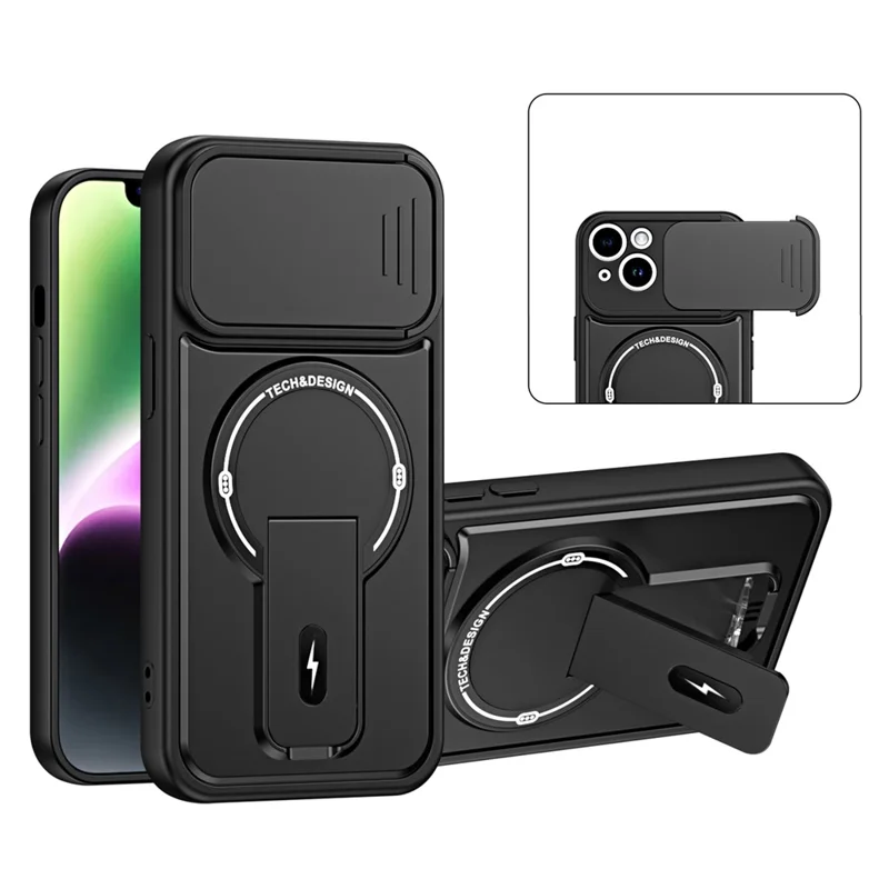 Telefoonhoesje voor iPhone 14 met schuifbare camerabescherming, standaard, stootvrij, PC + TPU, mat afwerking - Zwart