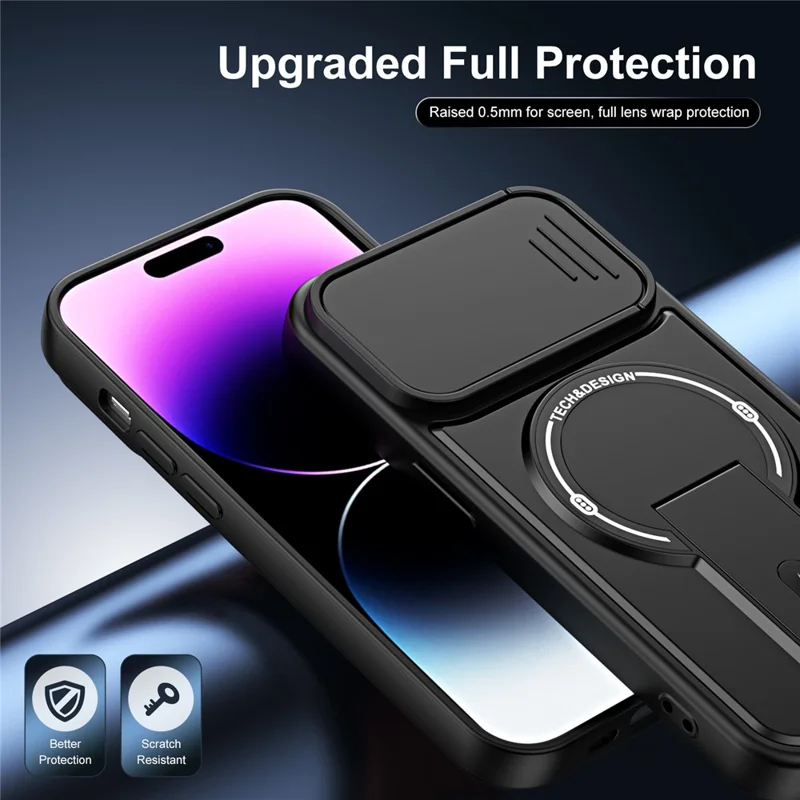 Telefoonhoesje voor iPhone 14 Pro met schuifbare cameralens, standaard, stootvrij, PC + TPU, mat afwerking - Zwart