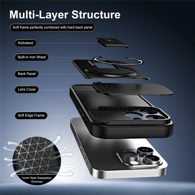 Telefoonhoesje voor iPhone 14 Pro met schuifbare cameralens, standaard, stootvrij, PC + TPU, mat afwerking - Zwart