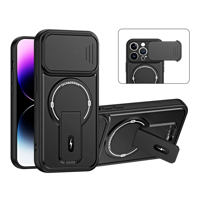 Telefoonhoesje voor iPhone 13 Pro met schuifbare camerabehuizing, standaard, stootvrij, PC + TPU, mat afwerking - Zwart