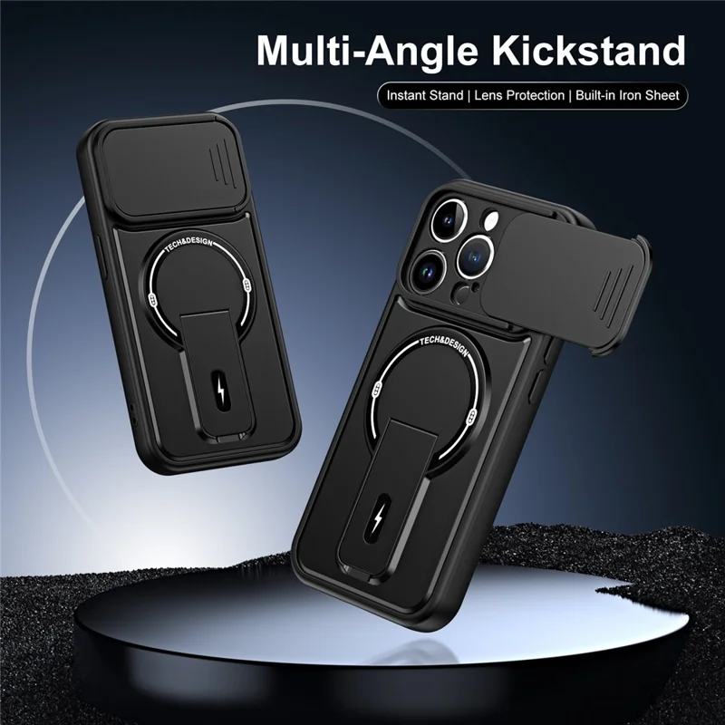 Telefoonhoesje voor iPhone 13 Pro met schuifbare camerabehuizing, standaard, stootvrij, PC + TPU, mat afwerking - Zwart