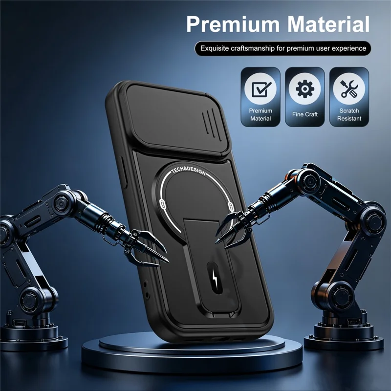 Telefoonhoesje voor iPhone 13 Pro met schuifbare camerabehuizing, standaard, stootvrij, PC + TPU, mat afwerking - Zwart