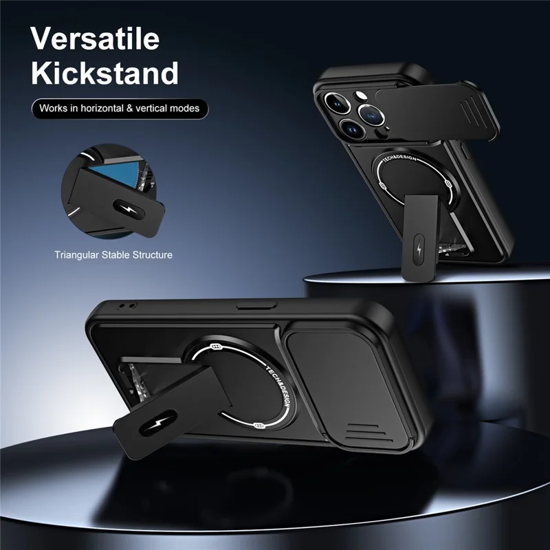 Telefoonhoesje voor iPhone 13 Pro met schuifbare camerabehuizing, standaard, stootvrij, PC + TPU, mat afwerking - Zwart