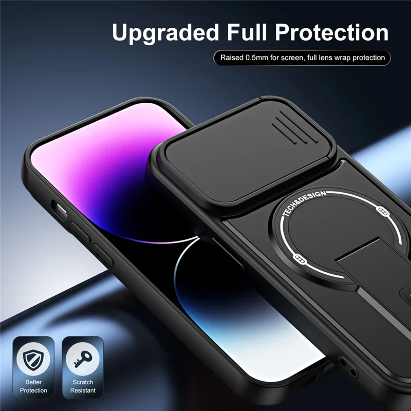 Telefoonhoesje voor iPhone 13 Pro met schuifbare camerabehuizing, standaard, stootvrij, PC + TPU, mat afwerking - Zwart