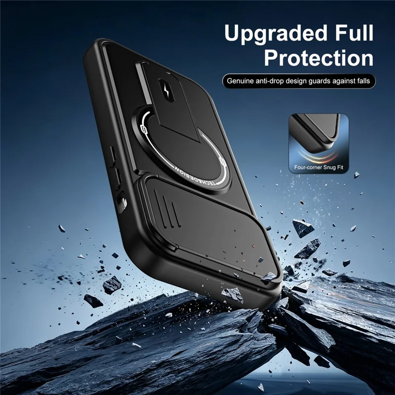 Telefoonhoesje voor iPhone 13 Pro met schuifbare camerabehuizing, standaard, stootvrij, PC + TPU, mat afwerking - Zwart