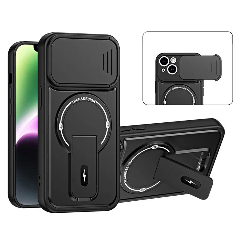 Telefoonhoesje voor iPhone 13 met schuifbare camerabehuizing, standaard, stootvaste PC + TPU matte afwerking - Zwart