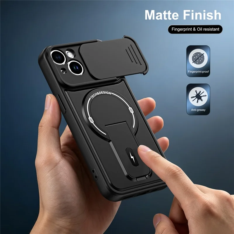 Telefoonhoesje voor iPhone 13 met schuifbare camerabehuizing, standaard, stootvaste PC + TPU matte afwerking - Zwart