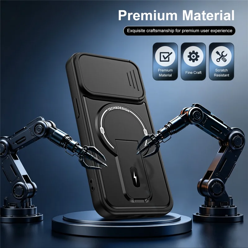 Telefoonhoesje voor iPhone 13 met schuifbare camerabehuizing, standaard, stootvaste PC + TPU matte afwerking - Zwart