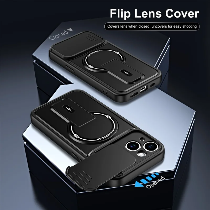 Telefoonhoesje voor iPhone 13 met schuifbare camerabehuizing, standaard, stootvaste PC + TPU matte afwerking - Zwart
