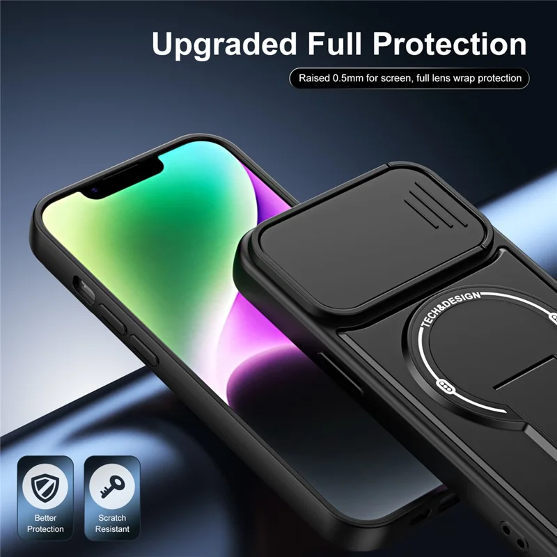 Telefoonhoesje voor iPhone 13 met schuifbare camerabehuizing, standaard, stootvaste PC + TPU matte afwerking - Zwart