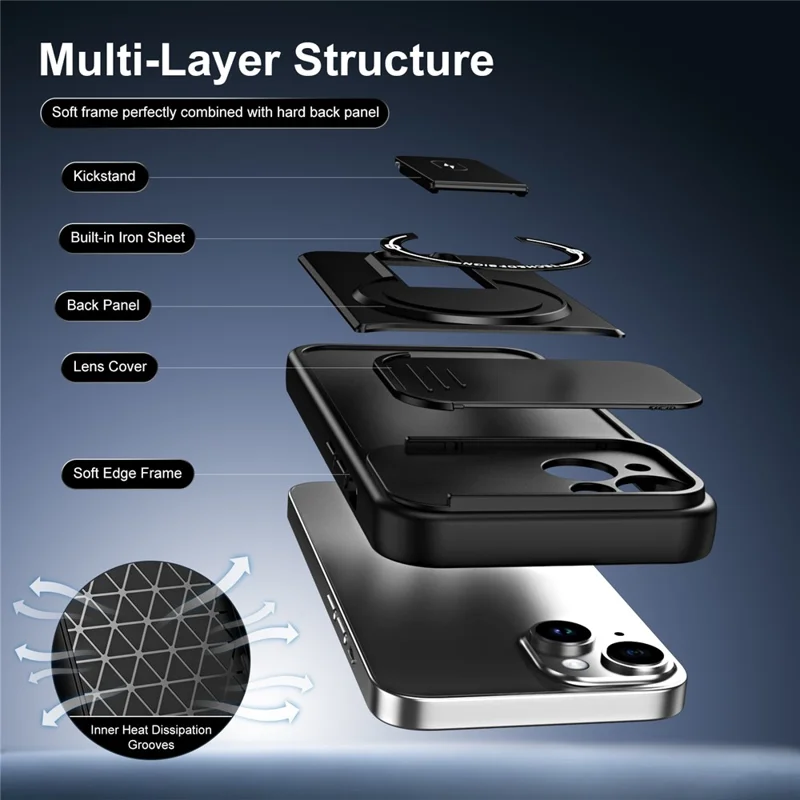 Telefoonhoesje voor iPhone 13 met schuifbare camerabehuizing, standaard, stootvaste PC + TPU matte afwerking - Zwart