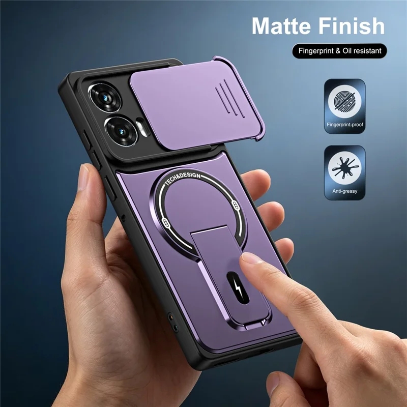 Cover per Motorola Edge 50 Fusion 5G / Moto G85 5G / G96 5G con Coperchio Scorrevole per Fotocamera, Supporto Integrato, Protezione Antiurto in PC+TPU, Finitura Opaca - Viola