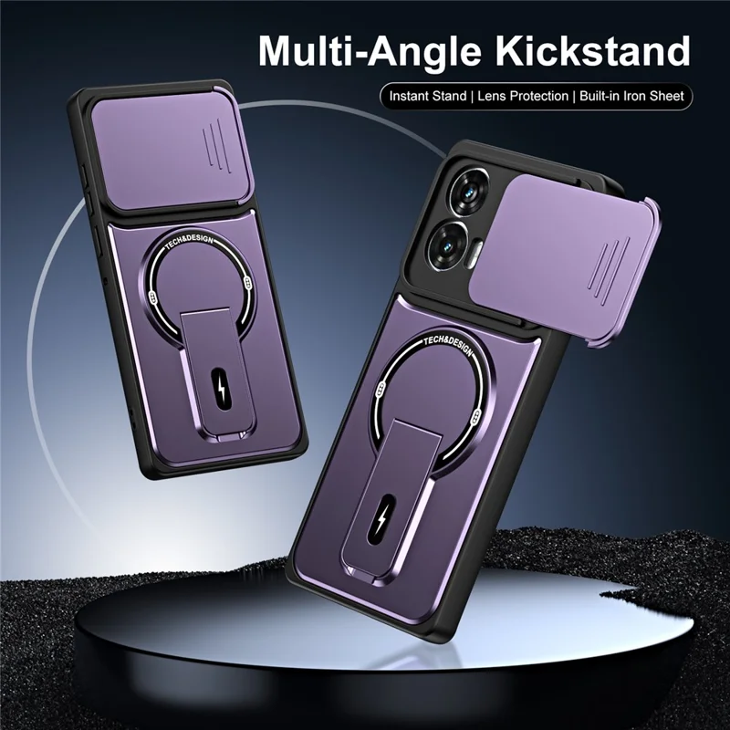 Cover per Motorola Edge 50 Fusion 5G / Moto G85 5G / G96 5G con Coperchio Scorrevole per Fotocamera, Supporto Integrato, Protezione Antiurto in PC+TPU, Finitura Opaca - Viola