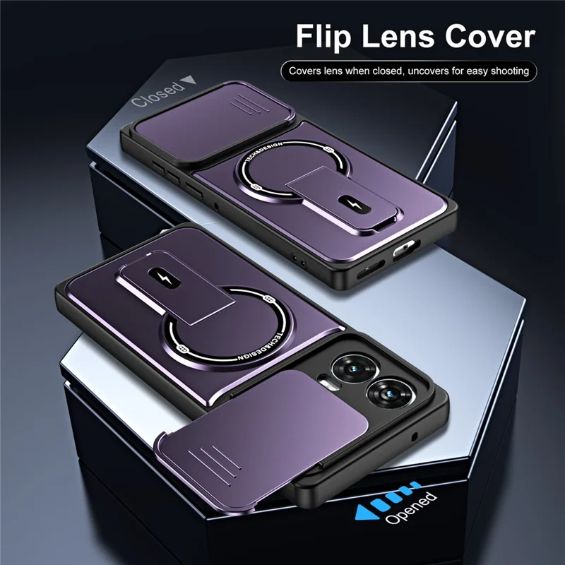 Cover per Motorola Edge 50 Fusion 5G / Moto G85 5G / G96 5G con Coperchio Scorrevole per Fotocamera, Supporto Integrato, Protezione Antiurto in PC+TPU, Finitura Opaca - Viola