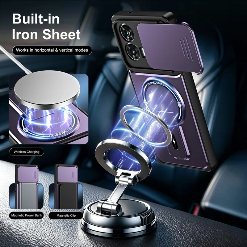 Cover per Motorola Edge 50 Fusion 5G / Moto G85 5G / G96 5G con Coperchio Scorrevole per Fotocamera, Supporto Integrato, Protezione Antiurto in PC+TPU, Finitura Opaca - Viola