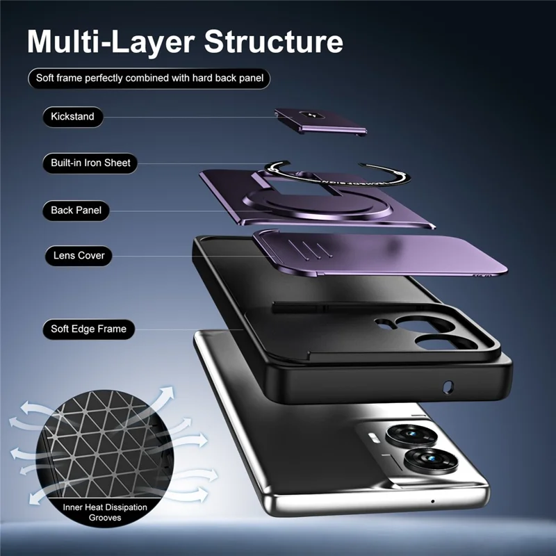Cover per Motorola Edge 50 Fusion 5G / Moto G85 5G / G96 5G con Coperchio Scorrevole per Fotocamera, Supporto Integrato, Protezione Antiurto in PC+TPU, Finitura Opaca - Viola