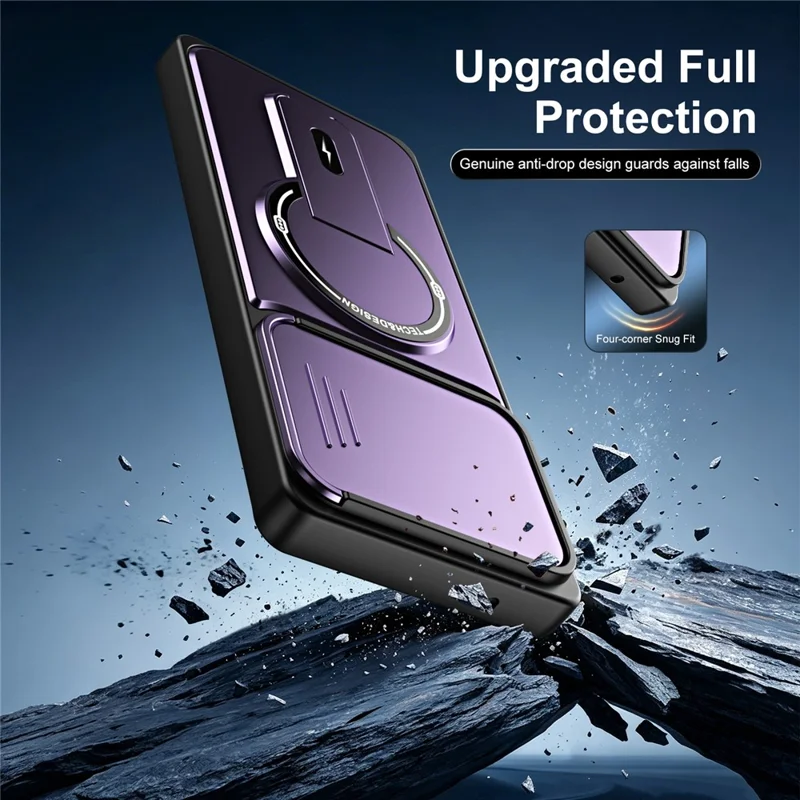Cover per Motorola Edge 50 Fusion 5G / Moto G85 5G / G96 5G con Coperchio Scorrevole per Fotocamera, Supporto Integrato, Protezione Antiurto in PC+TPU, Finitura Opaca - Viola