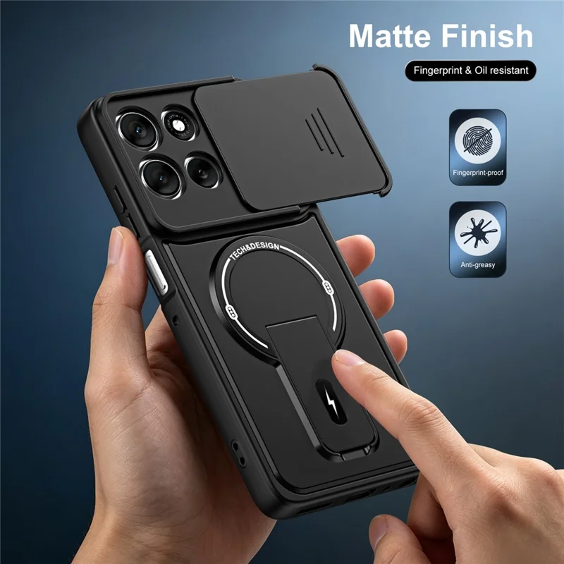 For Motorola Edge 60 Pro 5G Case with Slide Camera Cover Kickstand Shockproof PC + TPU Matte Finish Phone Shell - Black