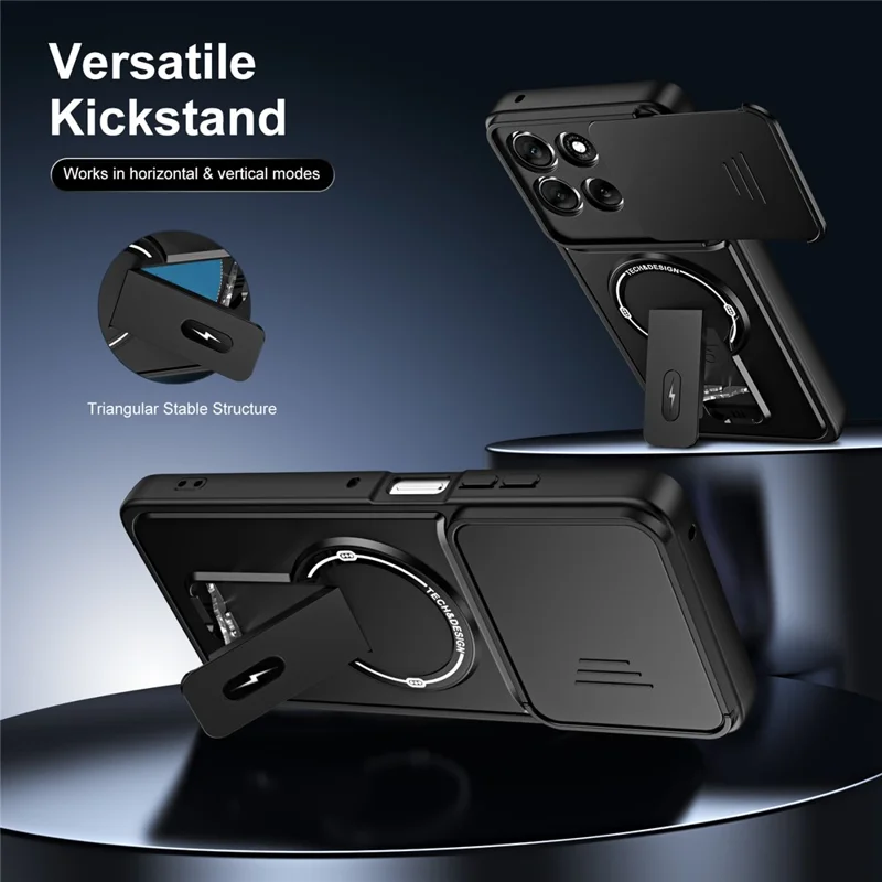 For Motorola Edge 60 Pro 5G Case with Slide Camera Cover Kickstand Shockproof PC + TPU Matte Finish Phone Shell - Black
