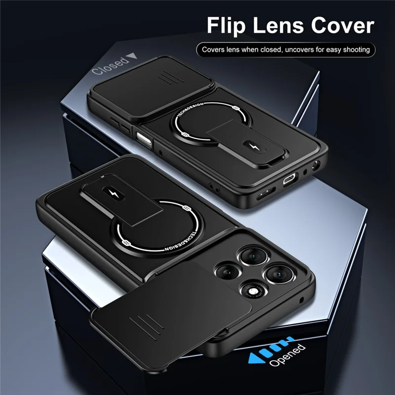 For Motorola Edge 60 Pro 5G Case with Slide Camera Cover Kickstand Shockproof PC + TPU Matte Finish Phone Shell - Black