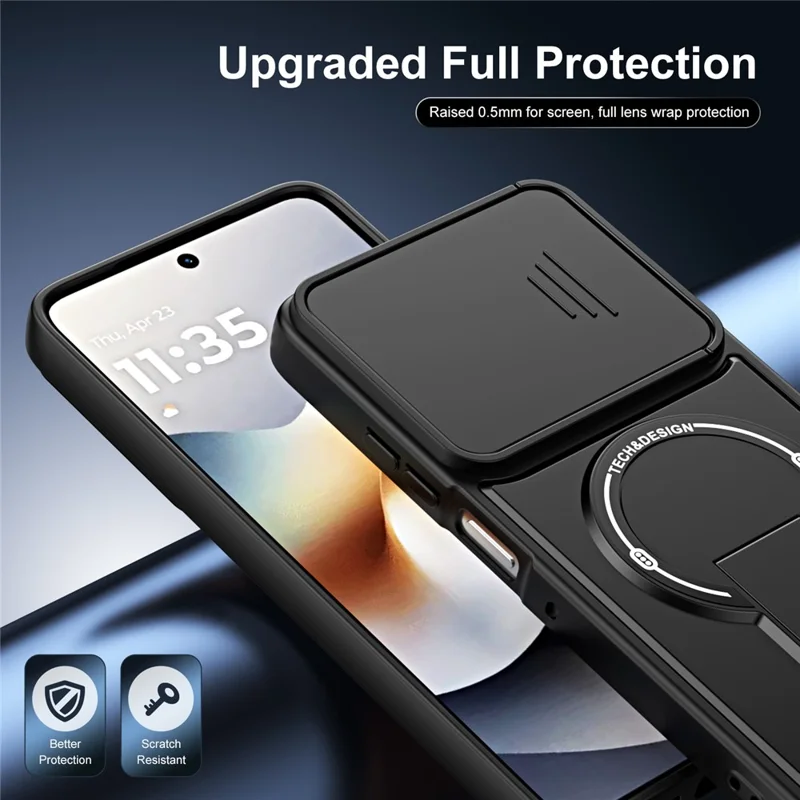 For Motorola Edge 60 Pro 5G Case with Slide Camera Cover Kickstand Shockproof PC + TPU Matte Finish Phone Shell - Black