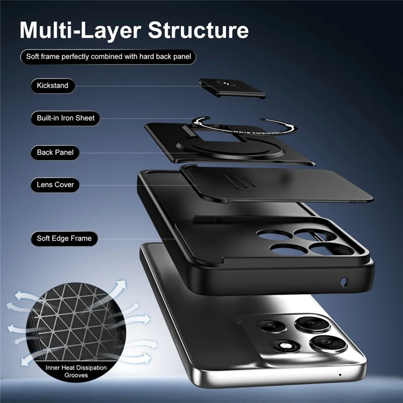For Motorola Edge 60 Pro 5G Case with Slide Camera Cover Kickstand Shockproof PC + TPU Matte Finish Phone Shell - Black