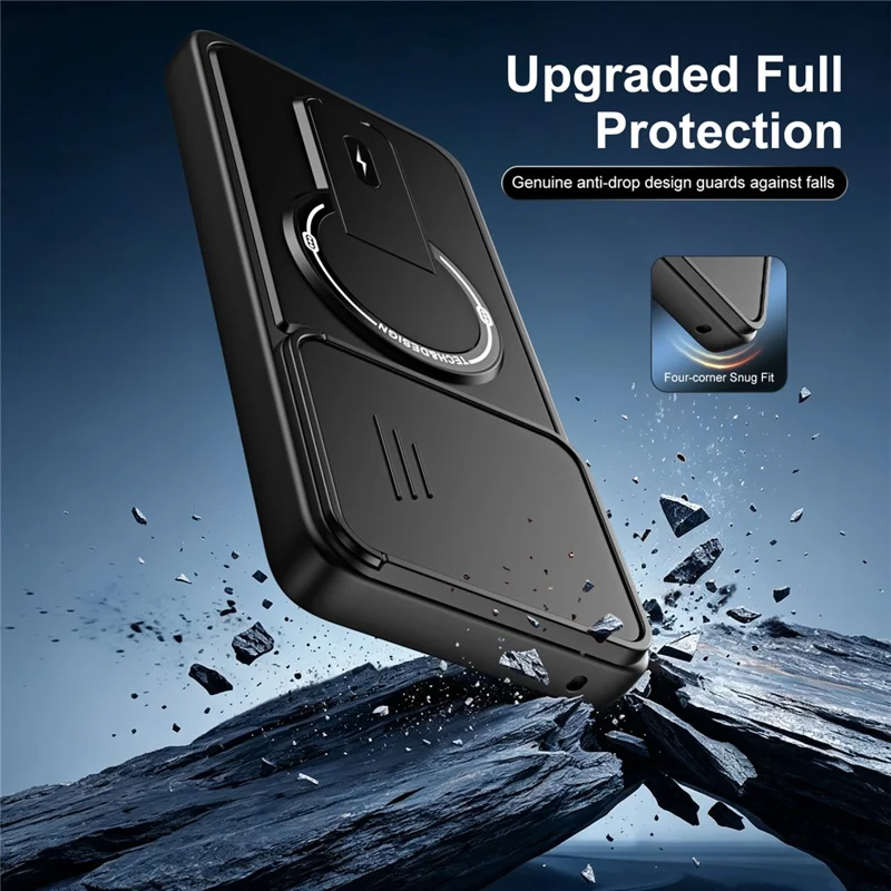 For Motorola Edge 60 Pro 5G Case with Slide Camera Cover Kickstand Shockproof PC + TPU Matte Finish Phone Shell - Black