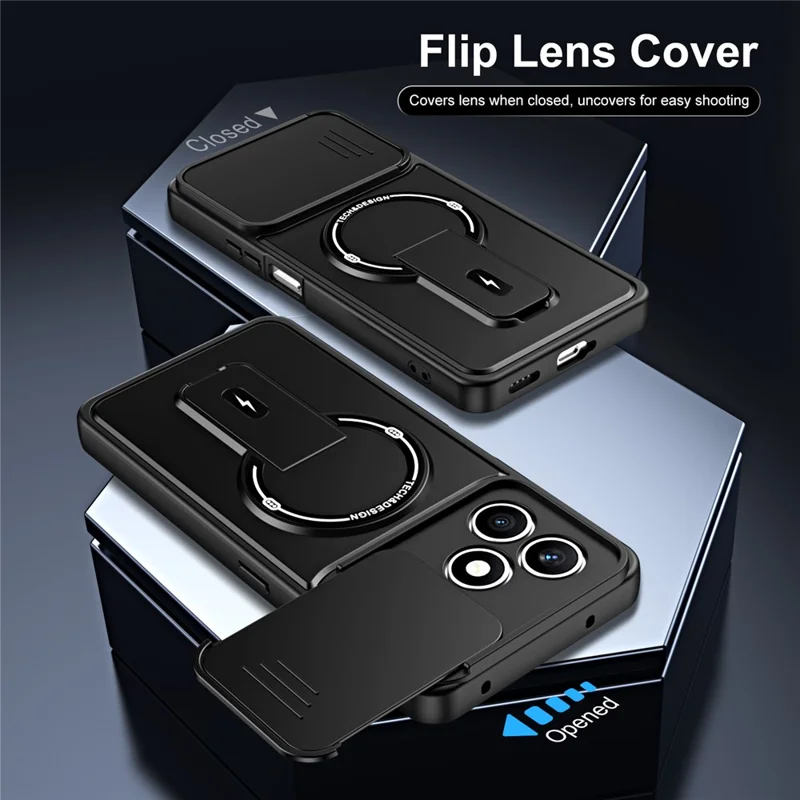 For Honor X8d 4G Case with Slide Camera Cover Kickstand Shockproof PC + TPU Matte Finish Phone Shell - Black