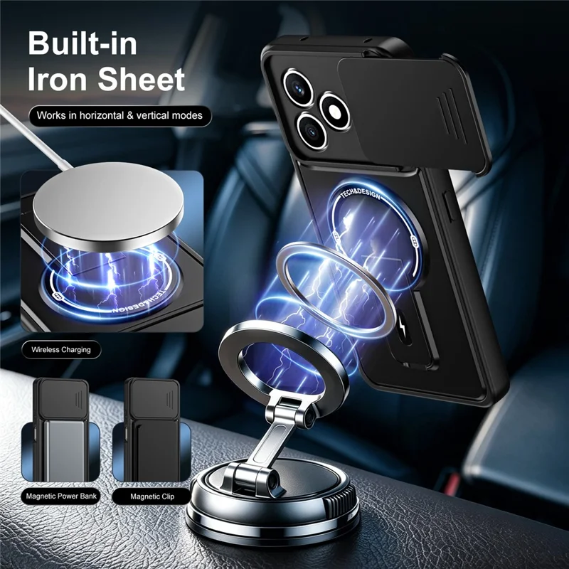 For Honor X8d 4G Case with Slide Camera Cover Kickstand Shockproof PC + TPU Matte Finish Phone Shell - Black