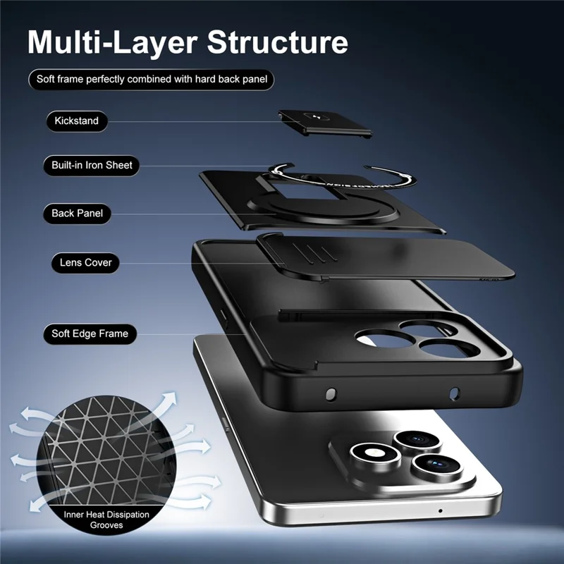 For Honor X8d 4G Case with Slide Camera Cover Kickstand Shockproof PC + TPU Matte Finish Phone Shell - Black
